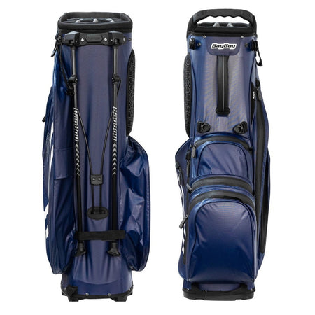 BagBoy Technowater Hybrid Stand Bag in Navy, stand leg and ball pocket views