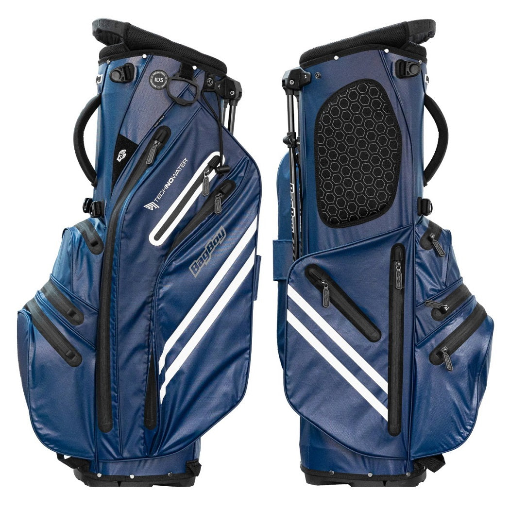 BagBoy Technowater Hybrid Stand Bag in Navy, pocket side and padded hip panel views