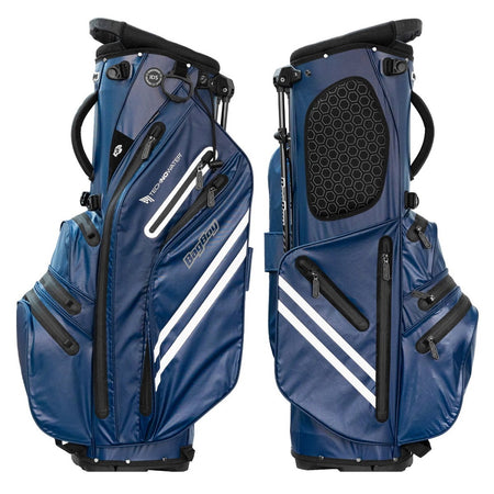 BagBoy Technowater Hybrid Stand Bag in Navy, pocket side and padded hip panel views