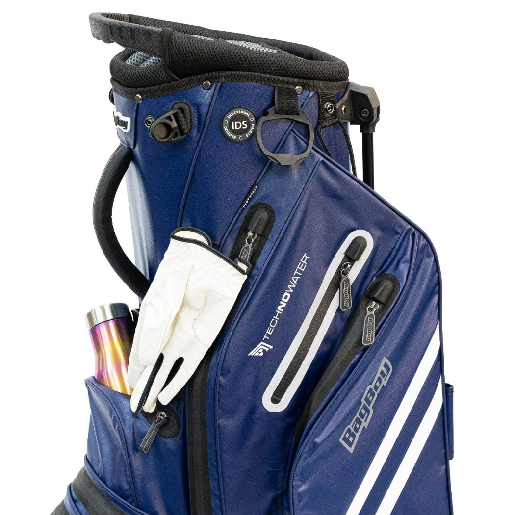 Close-up of the BagBoy Technowater Stand Bag in Navy showing zipped pockets and glove holder