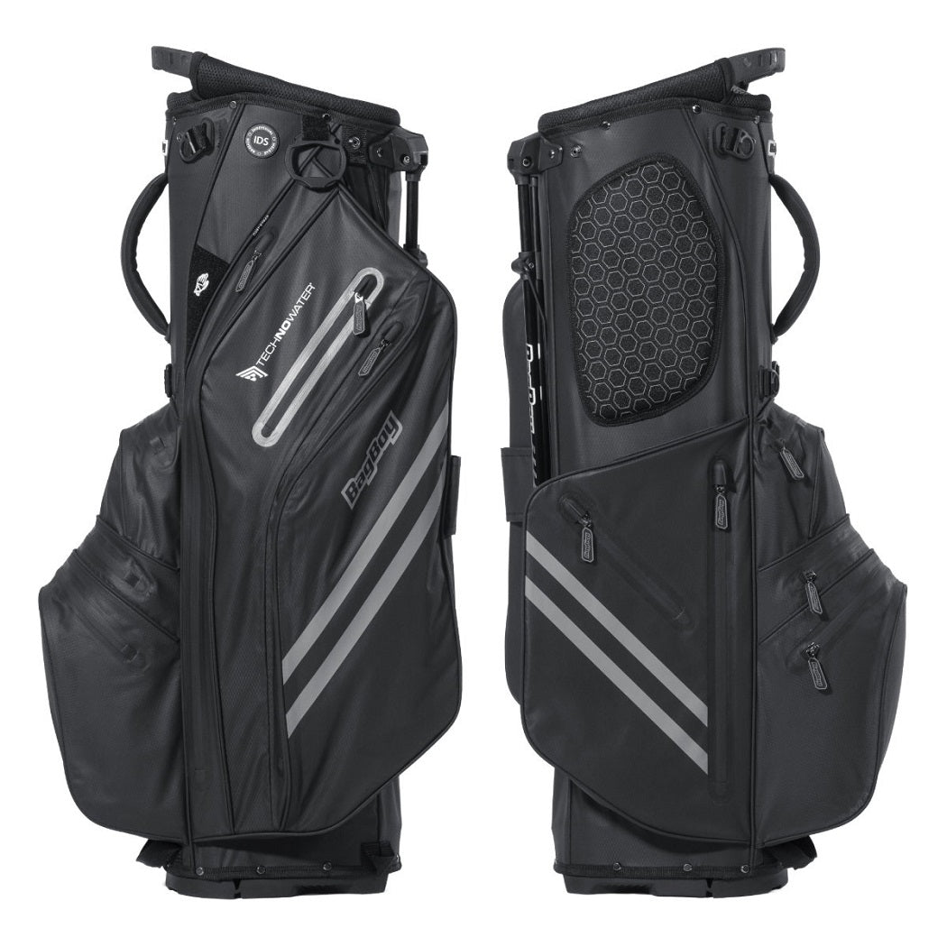  BagBoy Technowater Hybrid Stand Bag in Slate, pocket side and padded hip panel views