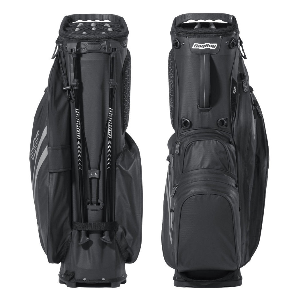 BagBoy Technowater Hybrid Stand Bag in Slate, stand leg and ball pocket views