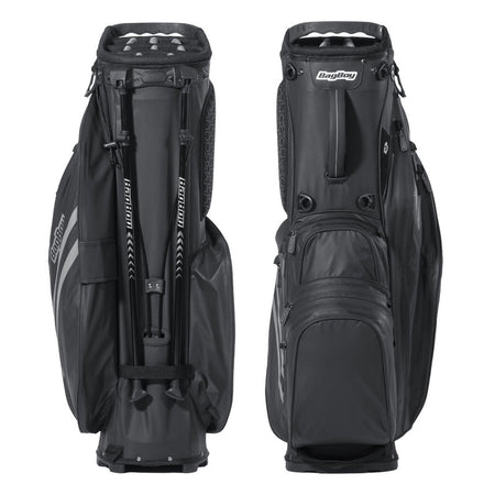 BagBoy Technowater Hybrid Stand Bag in Slate, stand leg and ball pocket views