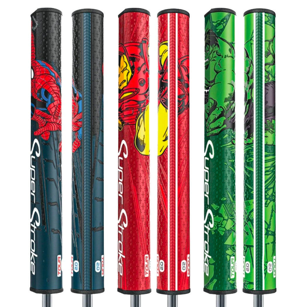 SuperStroke Marvel Tour 2.0 putter grips in Spider-Man, Iron Man and Hulk designs, front and rear views