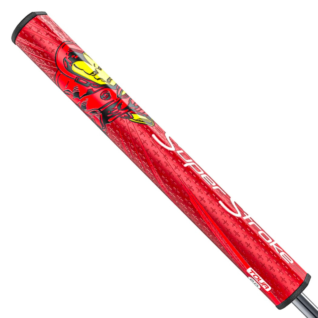 Red SuperStroke Marvel Iron Man Tour 2.0 putter grip with yellow character artwork