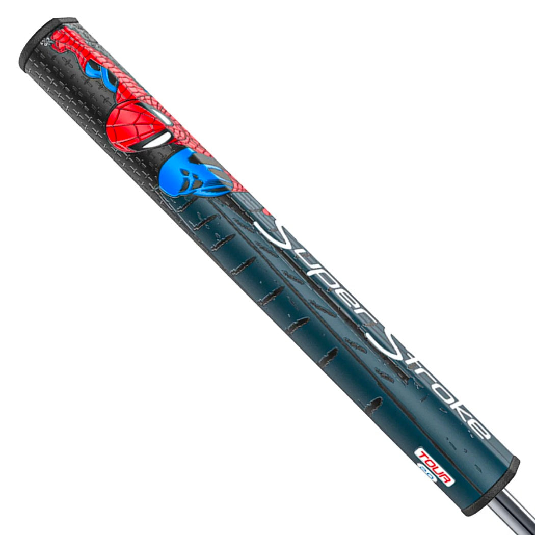 SuperStroke Marvel Spider-Man Tour 2.0 putter grip with red and blue artwork on a dark background