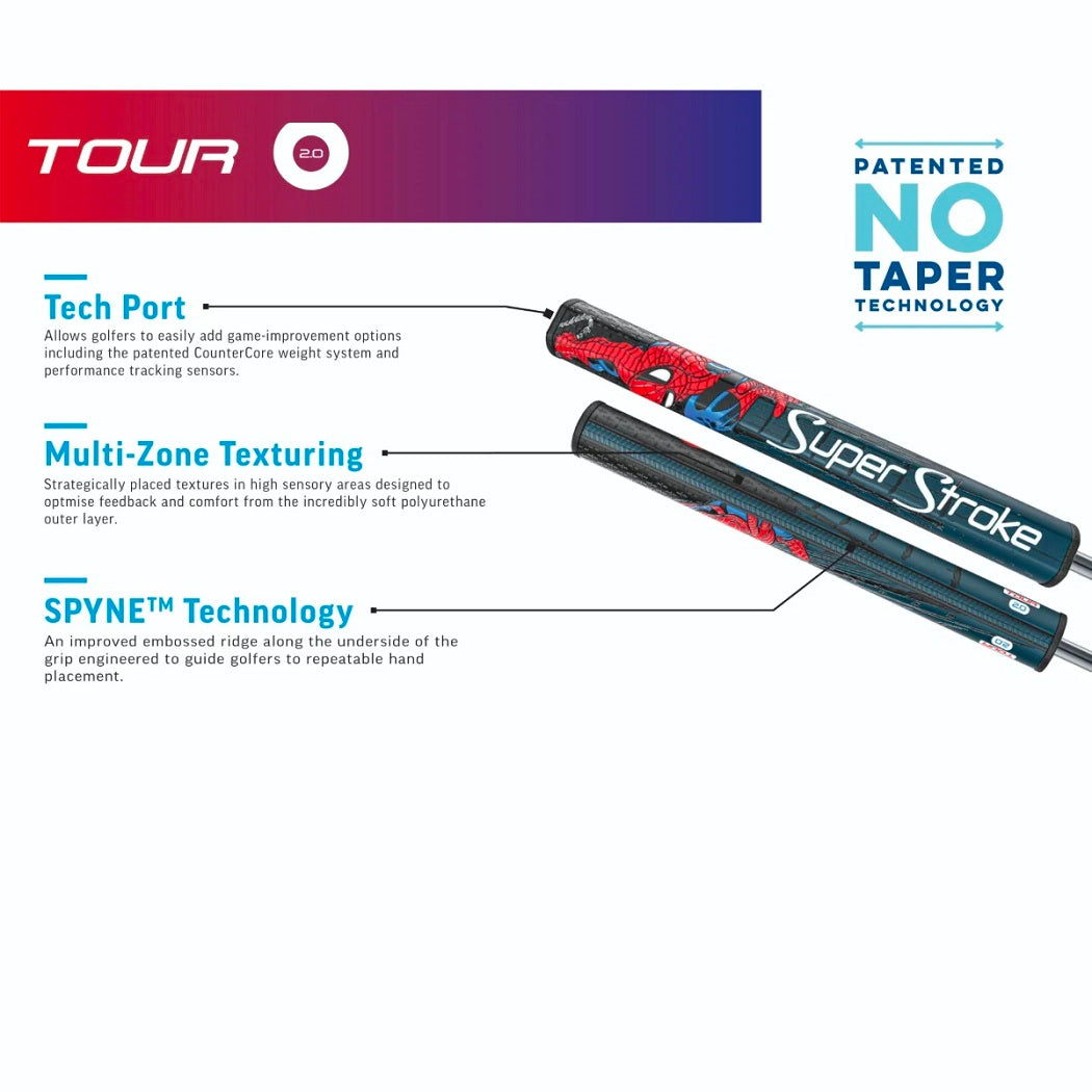 Spider-Man Tour 2.0 grip diagram showing Tech-Port, multi-zone texturing, Spyne and No Taper technology