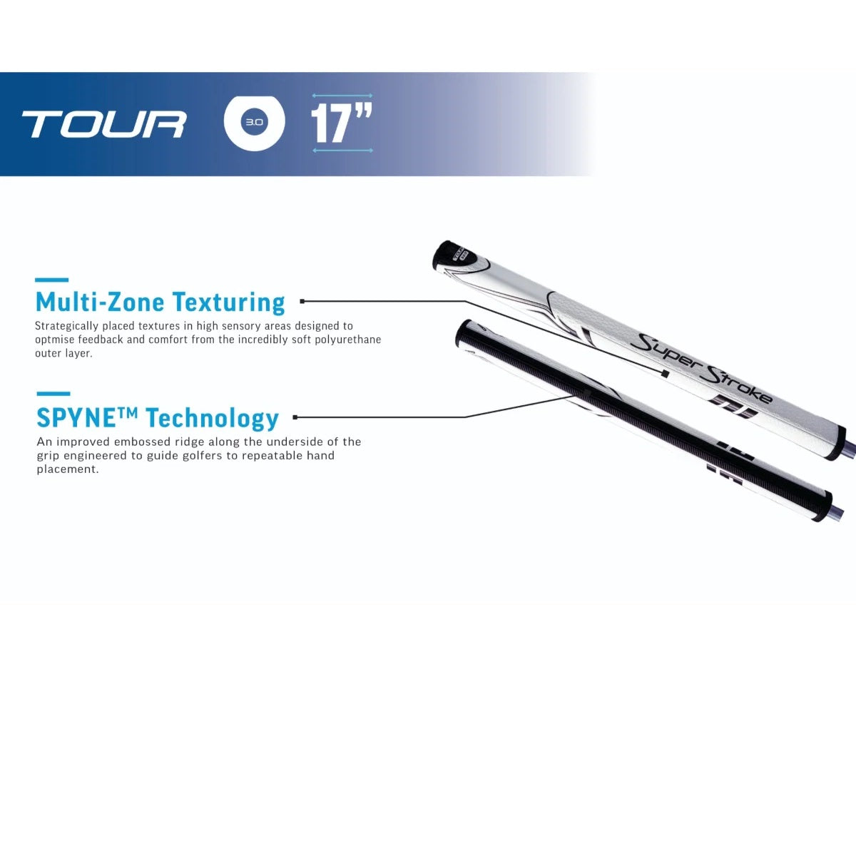 SuperStroke Zenergy Tour 3.0 17 inch grip features: Multi-Zone Texturing and SPYNE Technology