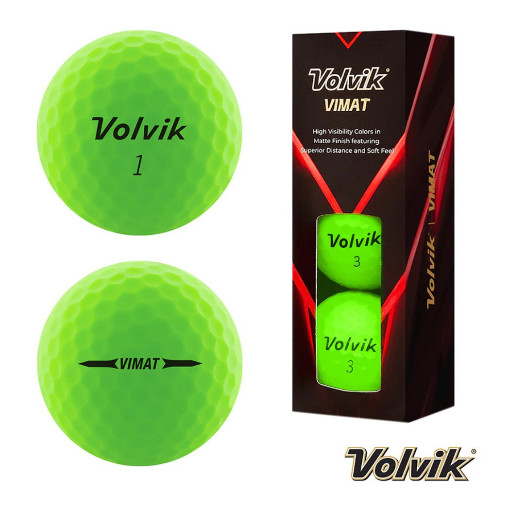 Volvik VIMAT Soft Matte Golf Balls - Green - front and rear views plus box of three