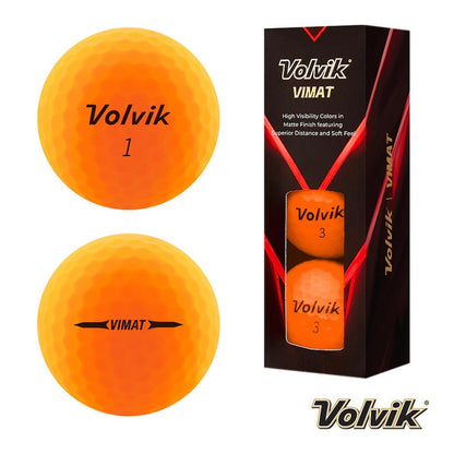 Volvik VIMAT Soft Matte Golf Balls - Orange - front and rear views plus box of three