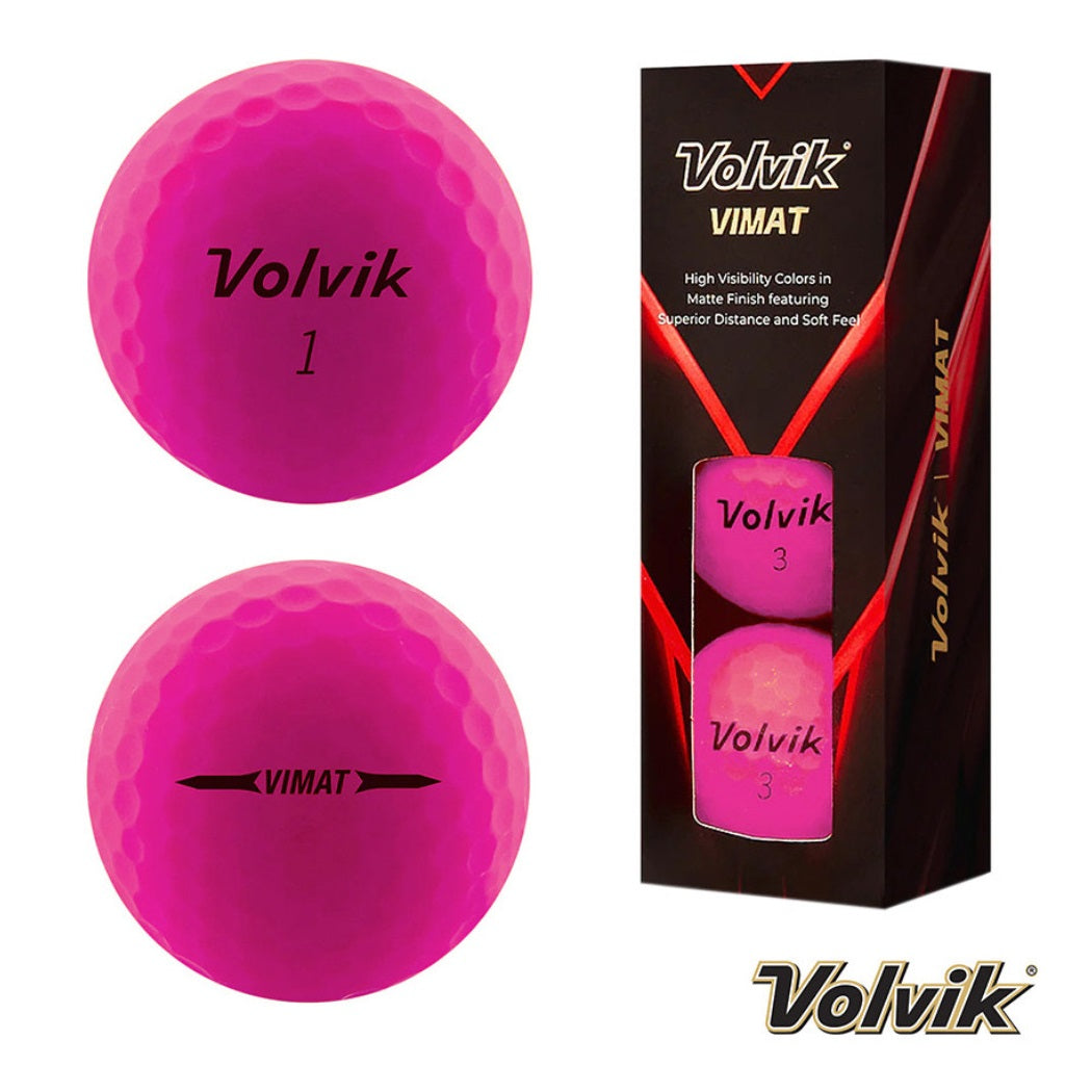 Volvik VIMAT Soft Matte Golf Balls - Pink - front and rear views plus box of three