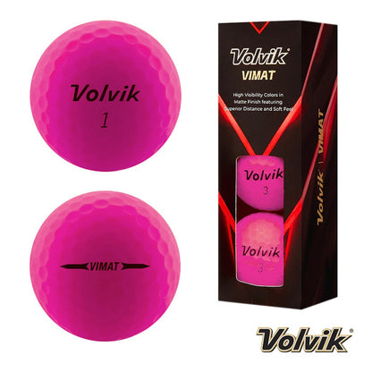 Volvik VIMAT Soft Matte Golf Balls - Pink - front and rear views plus box of three