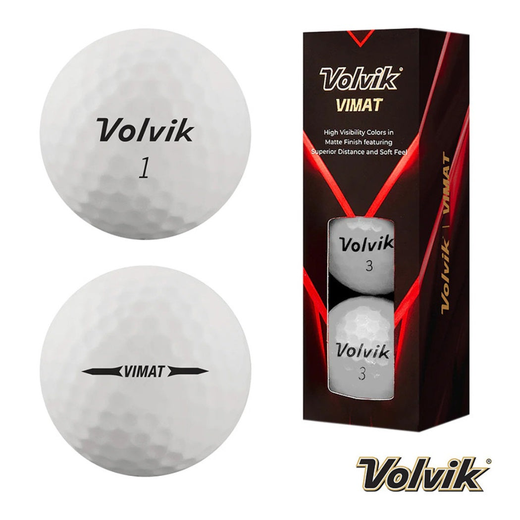 Volvik VIMAT Soft Matte Golf Balls - White - front and rear views plus box of three
