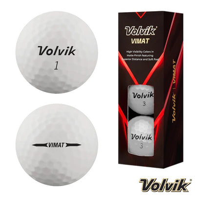 Volvik VIMAT Soft Matte Golf Balls - White - front and rear views plus box of three
