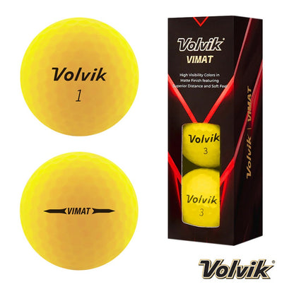 Volvik VIMAT Soft Matte Golf Balls - Yellow - front and rear views plus box of three