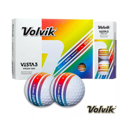 Volvik Vista3 Prism 360 Golf Balls - showing the box and a sleeve of 3 balls