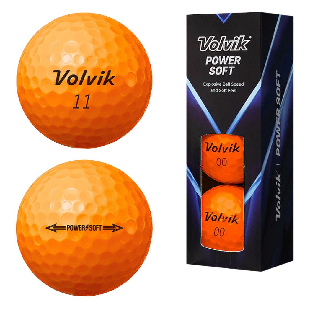 Volvik PowerSoft Golf Balls - 2 Piece Soft Distance Balls - Orange - front and rear views plus box of three
