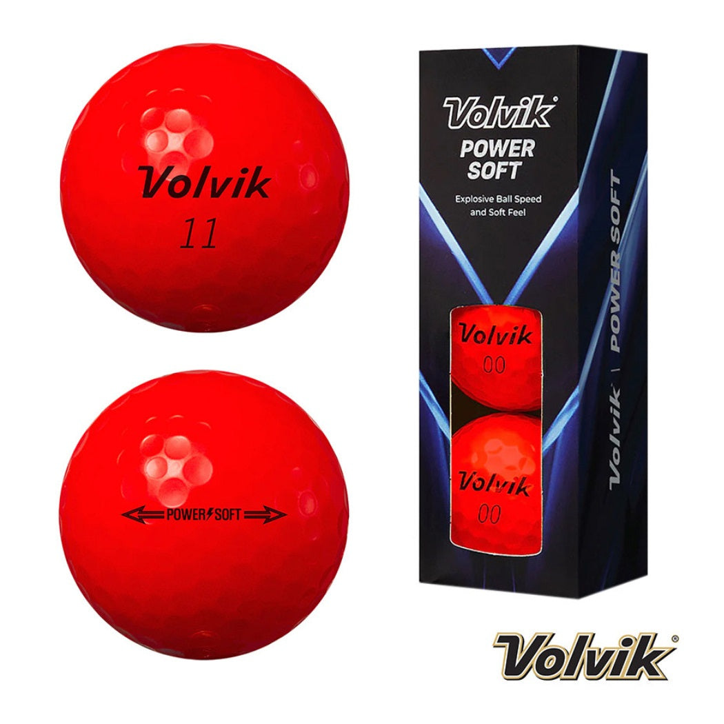 Volvik PowerSoft Golf Balls - 2 Piece Soft Distance Balls - Red - front and rear views plus box of three