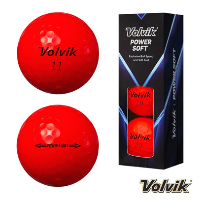 Volvik PowerSoft Golf Balls - 2 Piece Soft Distance Balls - Red - front and rear views plus box of three