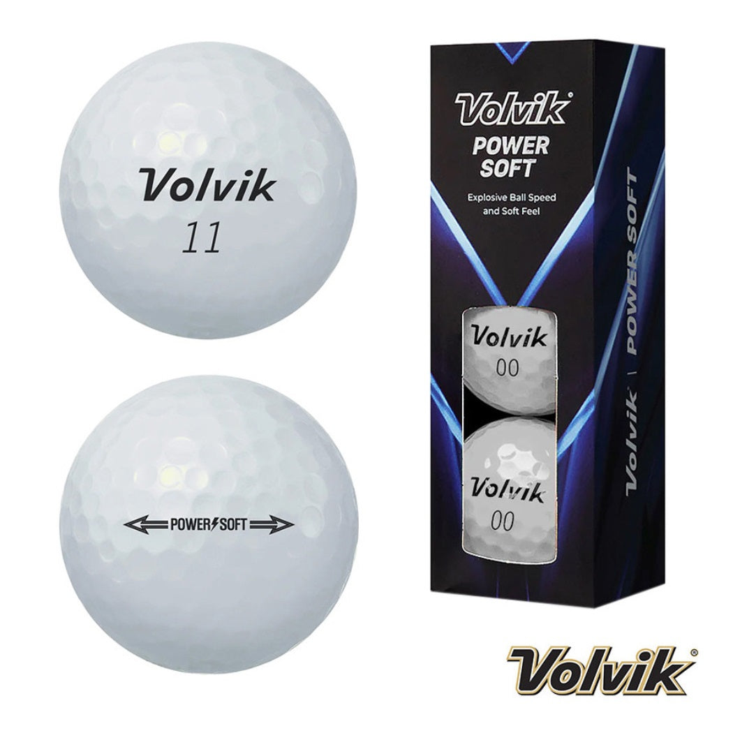 Volvik PowerSoft Golf Balls - 2 Piece Soft Distance Balls - White - front and rear views plus box of three