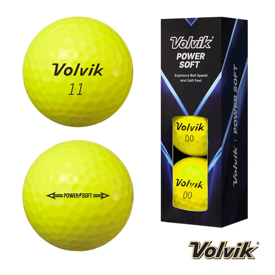 Volvik PowerSoft Golf Balls - 2 Piece Soft Distance Balls - Yellow - front and rear views plus box of three