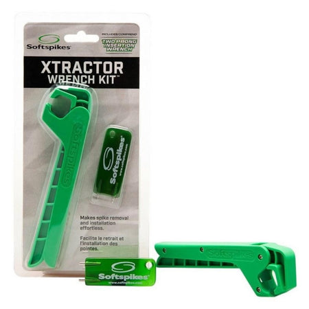 Softspikes Xtractor Wrench Kit showing retail packaging, green spike removal tool and two-prong insertion wrench