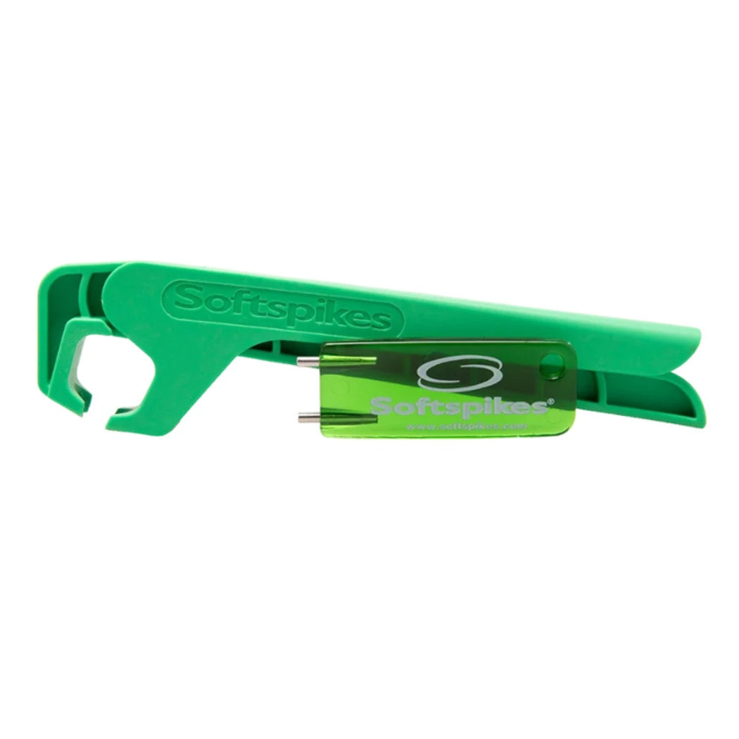 Green Softspikes Xtractor spike removal tool beside the two-prong insertion wrench