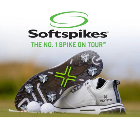 Softspikes promotional image showing white Payntr golf shoes with replacement spikes fitted to the sole (shoes not included)