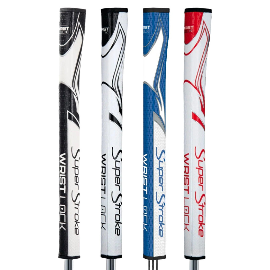 SuperStroke Zenergy WristLock putter grips in black/white, white/black, white/blue, and white/red