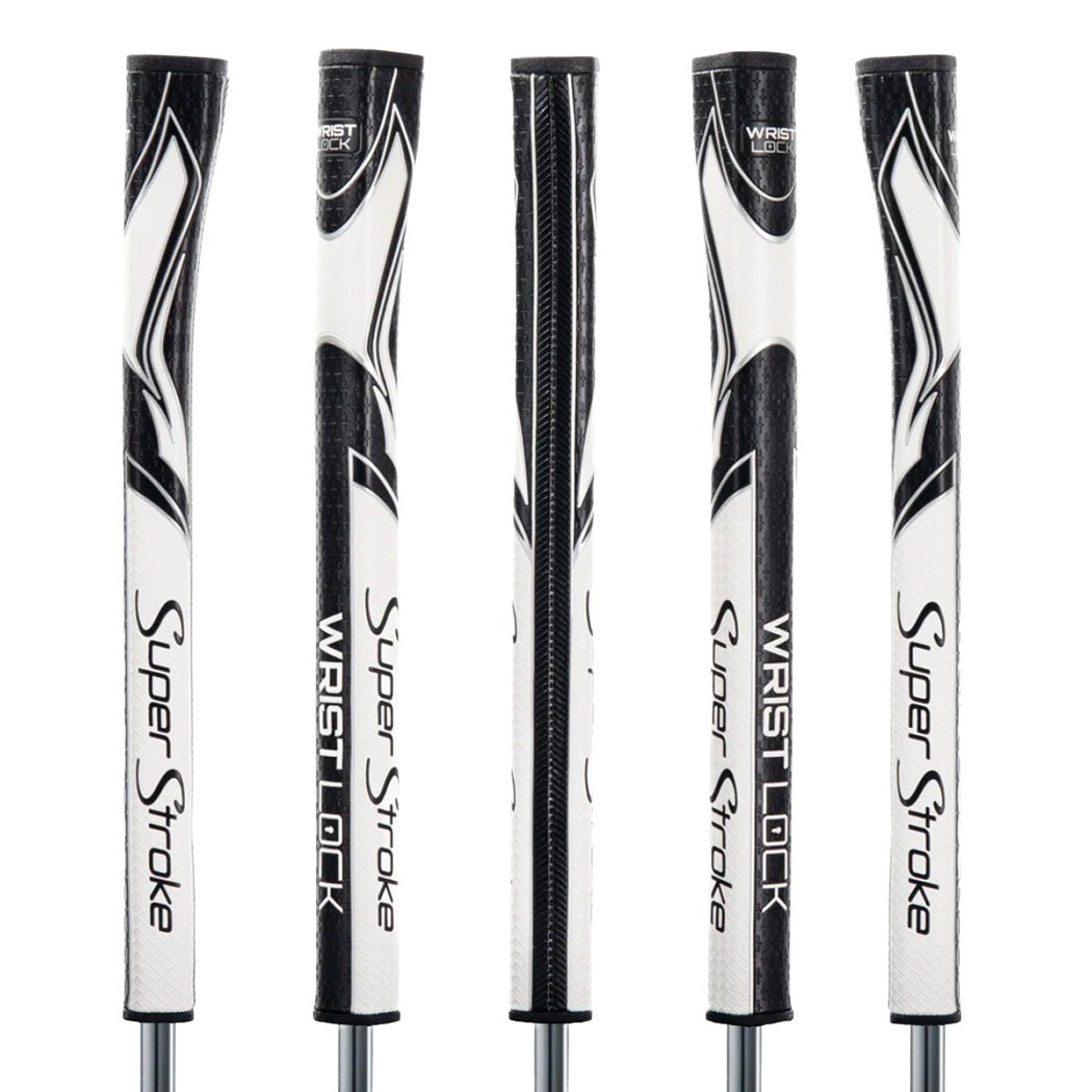 SuperStroke Zenergy WristLock putter grip in black/white, five views showing the profile and textured surface