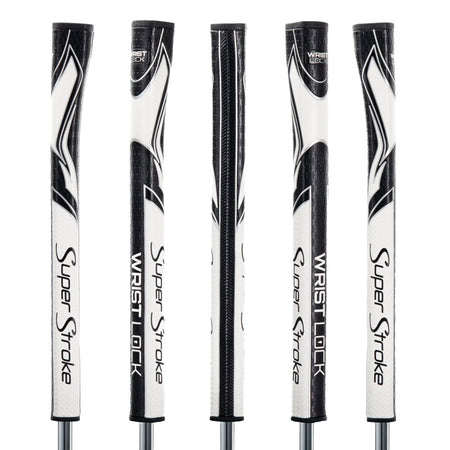 SuperStroke Zenergy WristLock putter grip in black/white, five views showing the profile and textured surface
