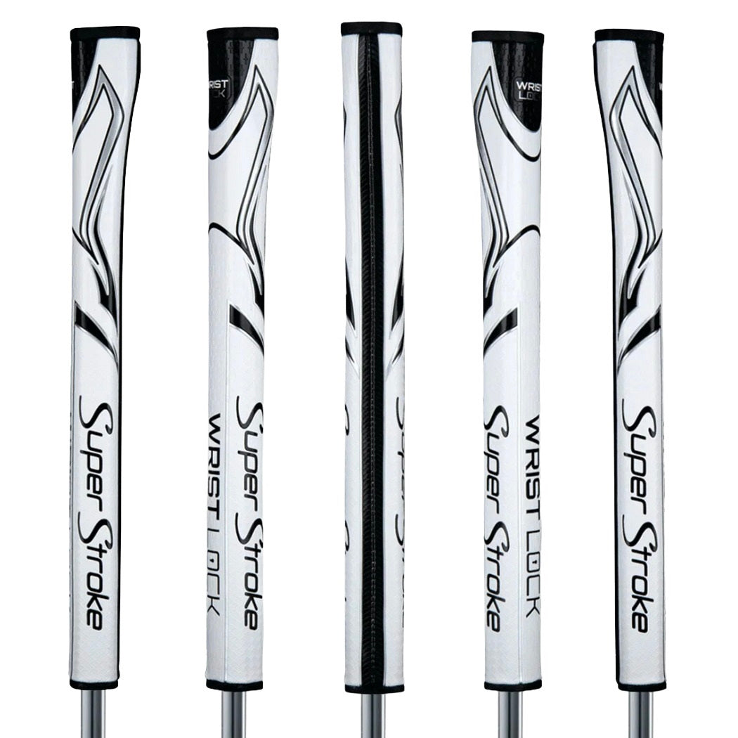 SuperStroke Zenergy WristLock putter grip in white/black, five views showing the profile and textured surface