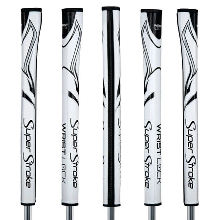 SuperStroke Zenergy WristLock putter grip in white/black, five views showing the profile and textured surface