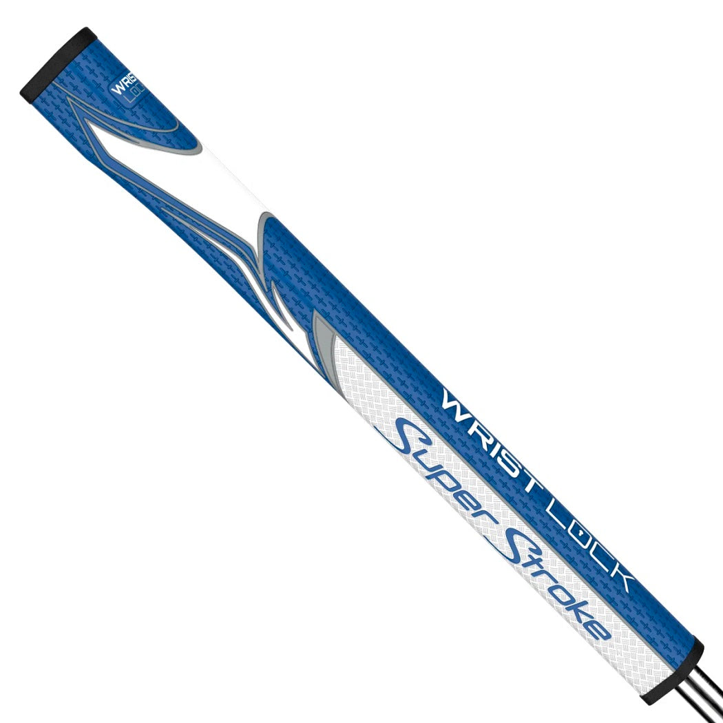  SuperStroke Zenergy WristLock putter grip in white/blue, angled view