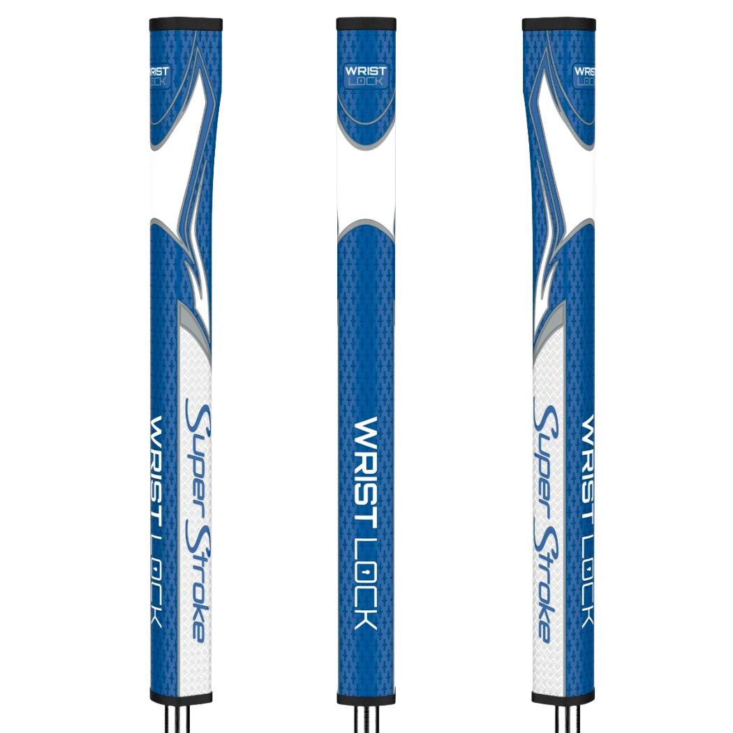SuperStroke Zenergy WristLock putter grip in white/blue, three views showing the profile and textured surface