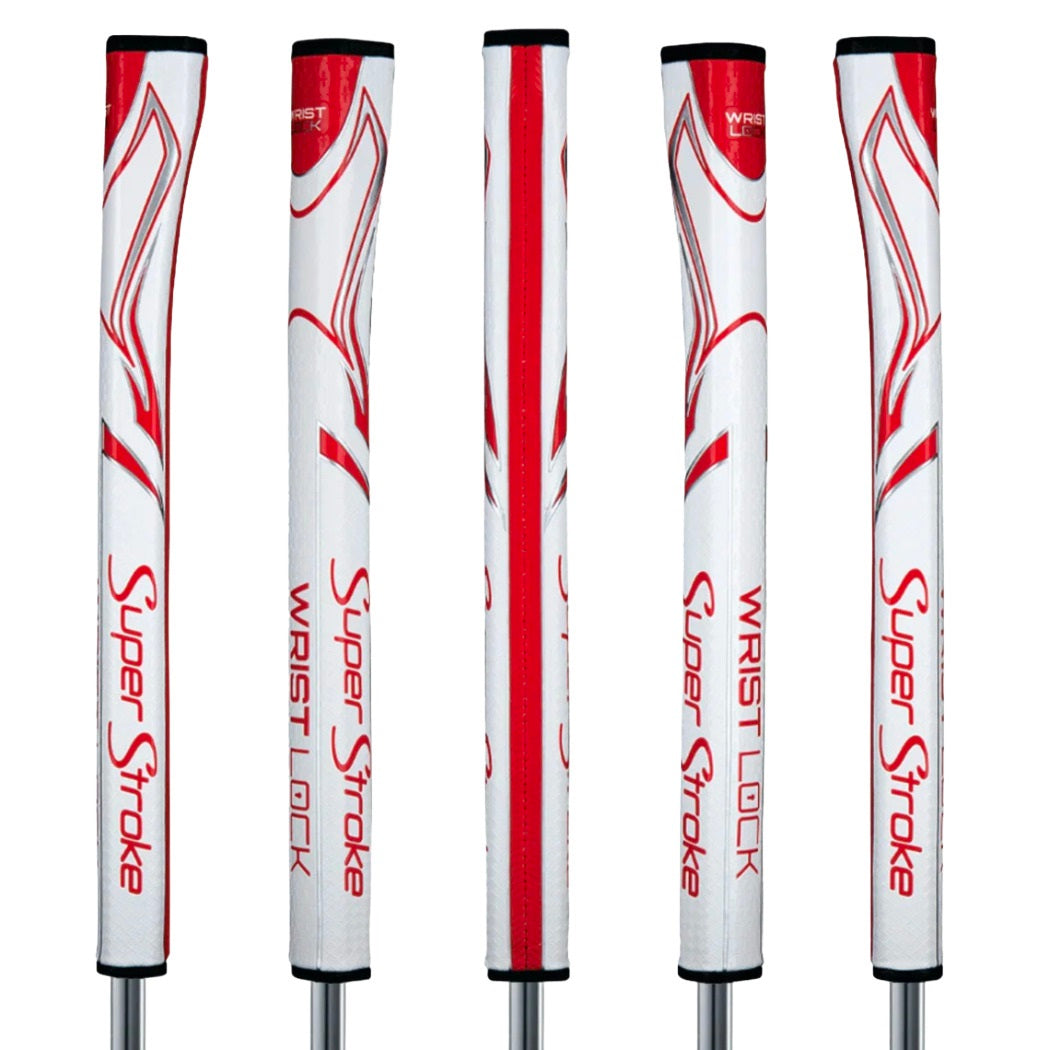 SuperStroke Zenergy WristLock putter grip in white/red, five views showing the profile and textured surface